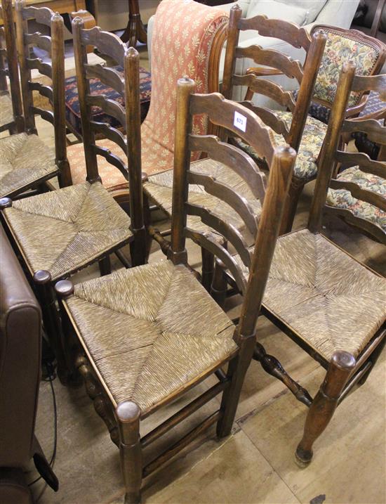 Set of six 19C ash ladderback rush-seat chairs(-)